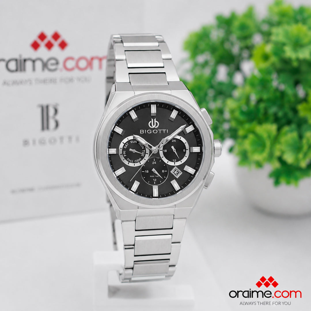 Bigotti BG.1.10707-1 - Orë meshkujsh argjend multifunksion me fytyrë të zezë dual time