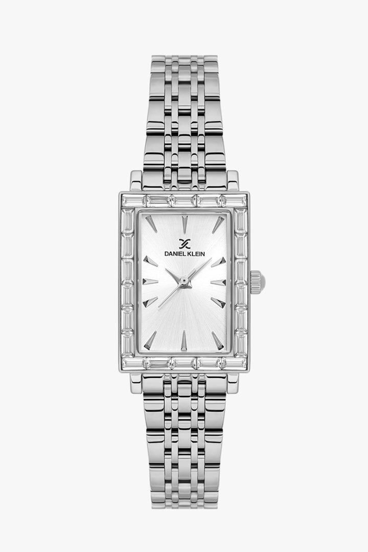 Daniel Klein DK.1.14329-1 - Orë femrash me ciferblat të bardhë/sedef, kuti katrore me kornëz argjend me kristale baguette dhe rrip çeliku argjend All Steel