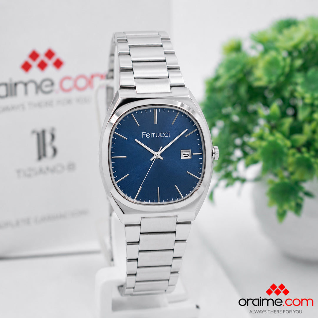 Ferrucci FC 3662-03 ladies watch blue dial date stainless steel bracelet cushion case