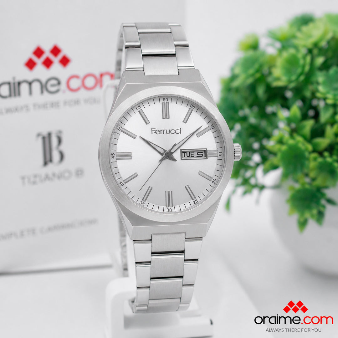 Ferrucci FC 3667-01 ladies watch silver dial day-date stainless steel bracelet