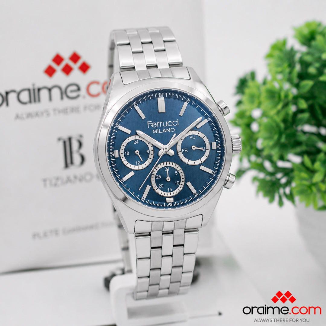 Ferrucci FCF 3654-01 - Silver case, blue chronograph dial, stainless steel bracelet