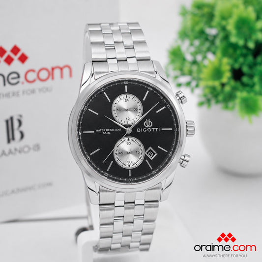 Bigotti BG.1.10580-2 - Orë meshkujsh argjend kronograf me fytyrë të zezë dhe sub-dials argjend water resistant 5ATM