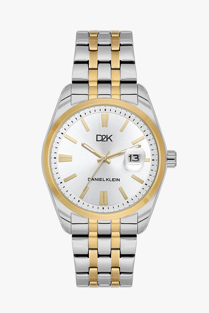 Daniel Klein DK.1.14461-7 - Orë meshkuj D2K me ciferblat të bardhë dhe rrip çeliku dy-ngjyrësh argjend/ar