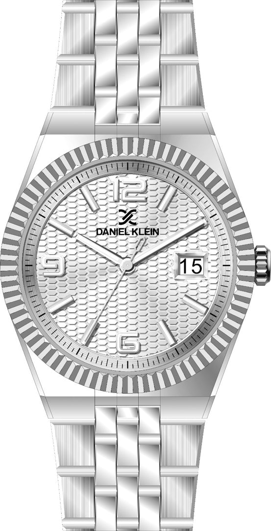 Daniel Klein DK.6.14716-1 - Orë femrash me ciferblat të bardhë/argjend honeycomb, kuti rrethore me kornëz argjend fluted, numra arabik dhe tregues datë, rrip çeliku argjend All Steel