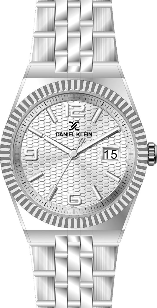 Daniel Klein DK.6.14716-1 - Orë femrash me ciferblat të bardhë/argjend honeycomb, kuti rrethore me kornëz argjend fluted, numra arabik dhe tregues datë, rrip çeliku argjend All Steel