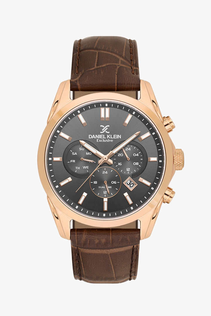 Daniel Klein DK.1.14344-5 - Orë meshkuj Exclusive me ciferblat gri, kornëz çeliku ari rozë dhe rrip lëkure kafe