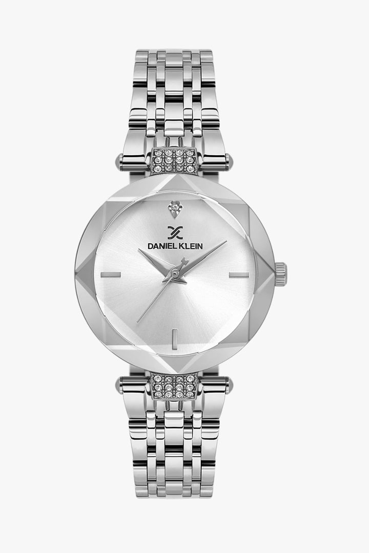 Daniel Klein DK.1.14313-1 - Orë femrash me ciferblat të bardhë/argjend, kuti rrethore me faqe multifaceted të prerë diamant, lidhje me kristale dhe rrip çeliku argjend All Steel