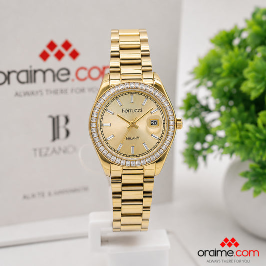Ferrucci FC 3696-03 gold watch with crystal bezel