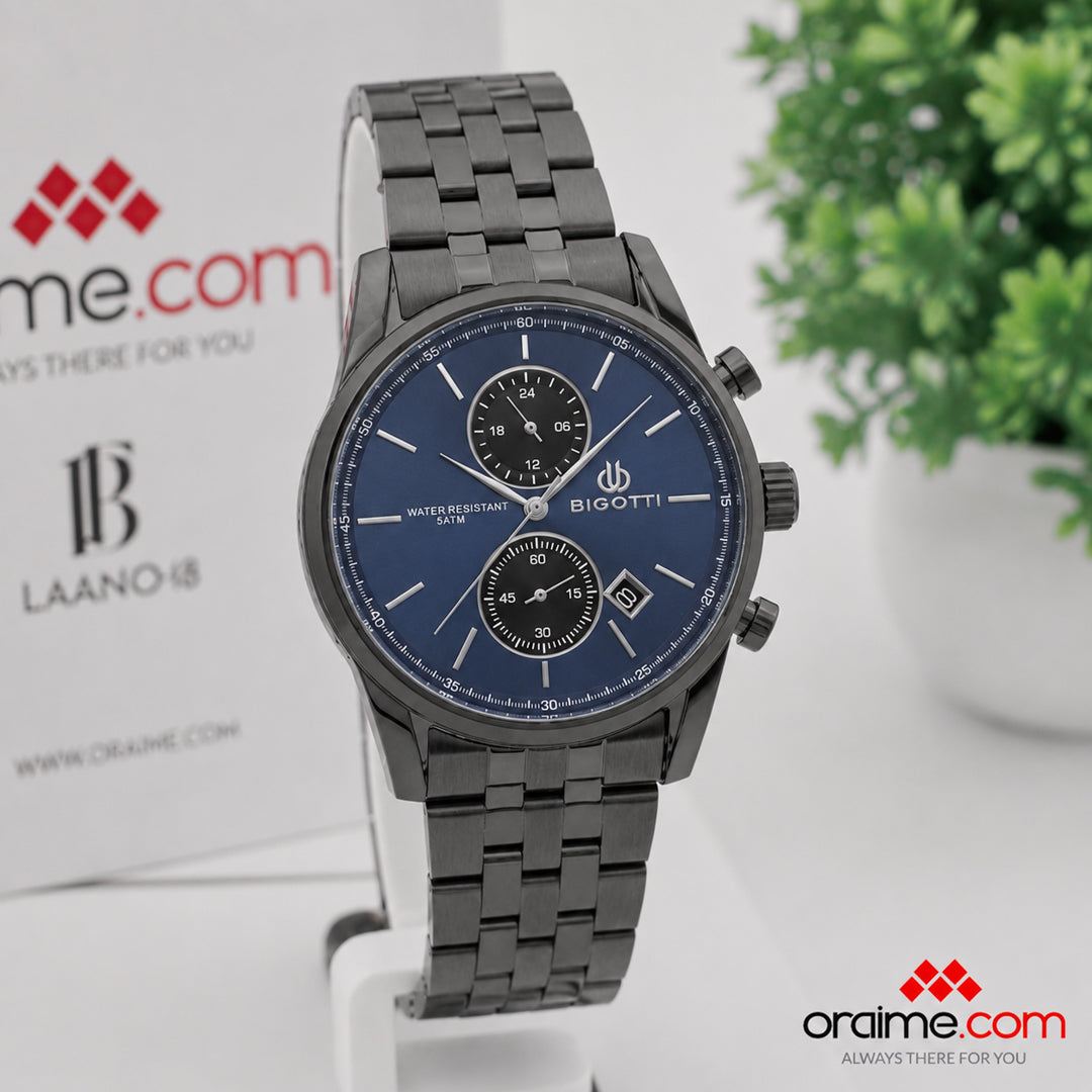 Bigotti BG.1.10580-14 - Orë meshkujsh e zezë kronograf me fytyrë blu water resistant 5ATM