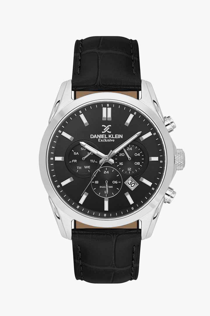 Daniel Klein DK.1.14344-2 - Orë meshkuj Exclusive me ciferblat të zi, kornëz argjend dhe rrip lëkure të zi