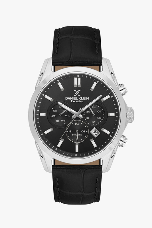 Daniel Klein DK.1.14344-2 - Orë meshkuj Exclusive me ciferblat të zi, kornëz argjend dhe rrip lëkure të zi