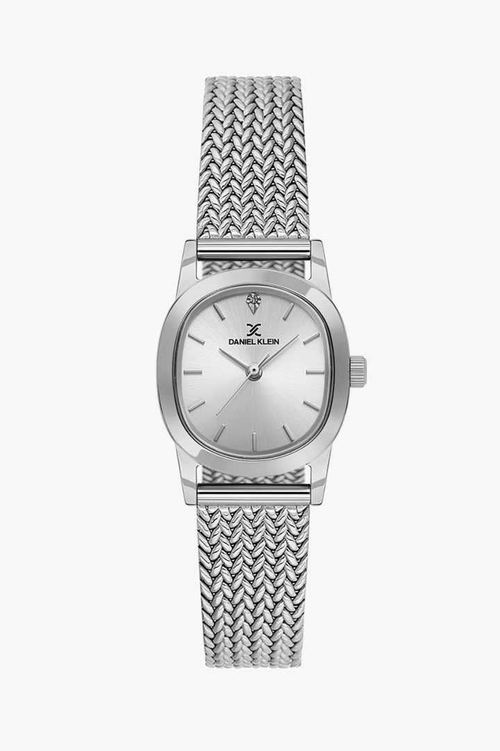 Daniel Klein DK.1.14328-1 - Orë femrash me ciferblat të bardhë/argjend, kuti ovale me kornëz argjend dhe rrip mesh herringbone çeliku argjend All Steel