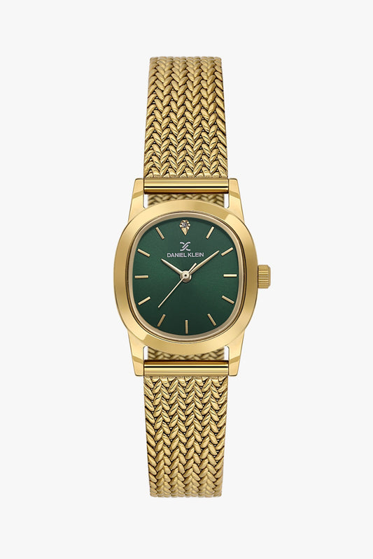 Daniel Klein DK.1.14328-4 - Orë femrash me ciferblat të gjelbër, kuti ovale me kornëz të artë dhe rrip mesh herringbone çeliku të artë