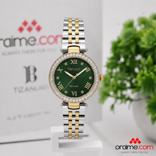 Ferrucci FC 3699-03 ladies watch green dial crystal bezel two-tone bracelet