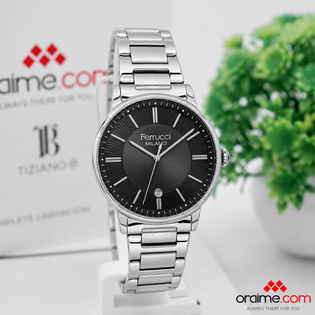 Ferrucci FC 3670-01 ladies watch black sunburst dial date stainless steel bracelet