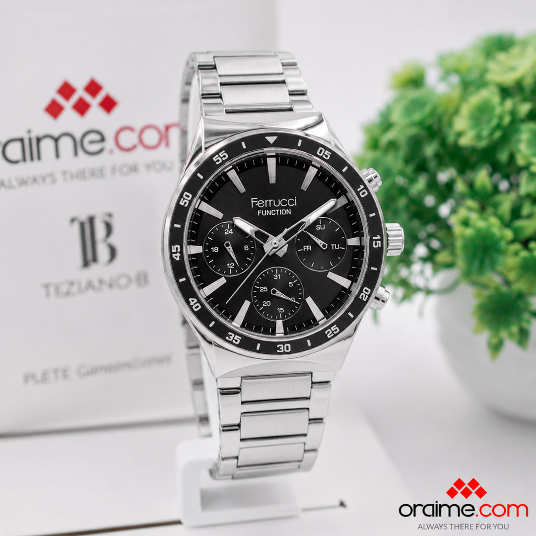 Ferrucci FCF 3658-01 Function men's multifunction watch black dial silver bracelet tachymeter bezel