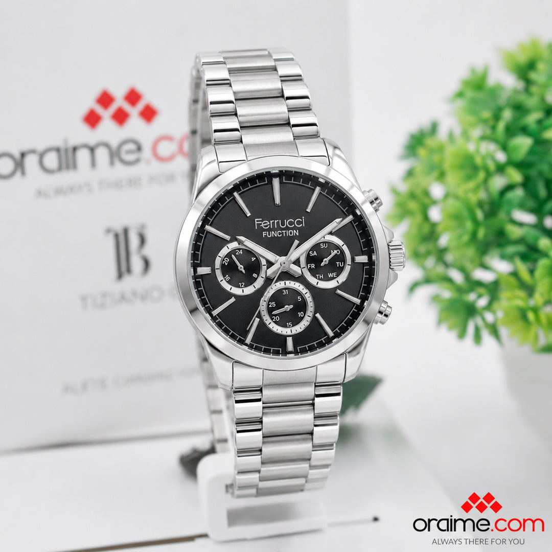 Ferrucci FCF 3666-02 Function men's multifunction watch black dial silver stainless steel bracelet