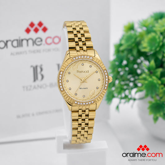 Ferrucci FC 3682-02 ladies watch gold diamond dial crystal bezel gold bracelet